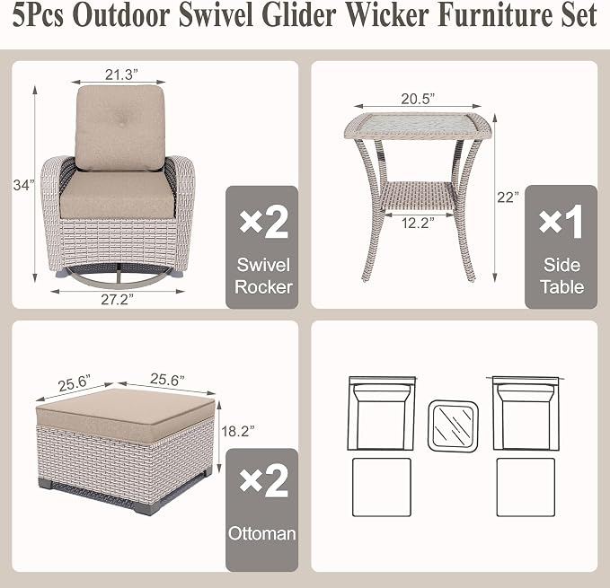 5-Piece Patio Furniture Set, Outdoor Swivel Rocking Chairs Set with Ottomans,All Weather Conversation Set for Porch Poolside Balcony,Beige