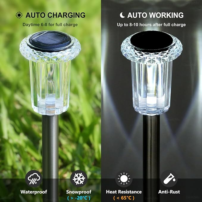 DenicMic Solar Lights Outdoor Waterproof 10 Pack Pathway Lights Cool White | Stake Lights for Yard Garden Driveway Walkway Outside Landscape Path Lights, Auto On/Off 6000K LED, Stainless Steel Pole