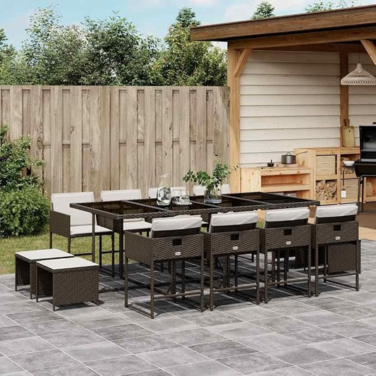 13 Piece Patio Dining Set with Cushions Brown Poly Rattan Outdoor Table 8 Chairs 4 Stools Tempered Glass Top Foldable Compact Storage UV-Proof