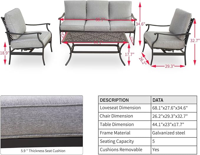 Patio Conversation Set Cushioned Metal Outdoor Furniture Sets with All Weather Galvanized Steel Frame (4Pcs,Grey)