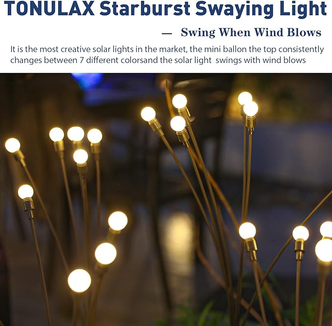 TONULAX Solar Garden Lights - 8 Pack 64 LED Upgraded Solar Swaying Light, Sway by Wind, Outdoor Lights, Yard Patio Pathway Decoration, High Flexibility Iron Wire & Heavy Bulb Base, Warm White