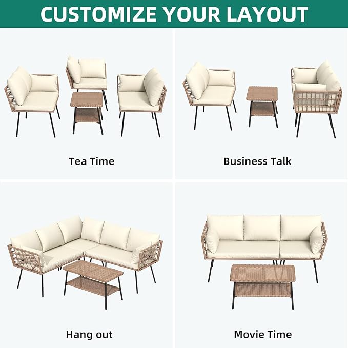 4PCS Patio Furniture Set Featuring L Shape Rattan Sectional Sofa with Thick Cushions, Two-Tier Coffee Table, Boho Outdoor Couch Conversation Set for Backyard, Garden, and Patio Seating