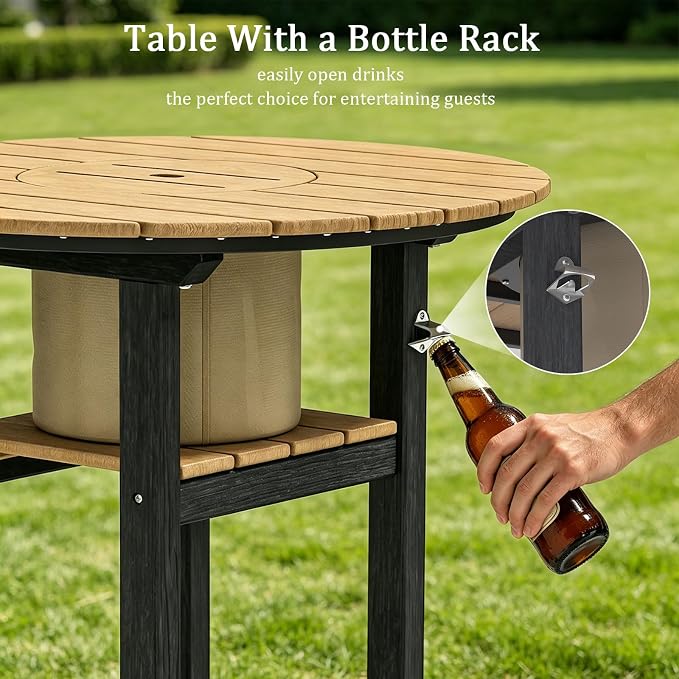 OTSUN Outdoor Adirondack Bar Table with Built-in Ice Bucket, 32“ Height Patio Large Pub Table for 4, All Weather Counter Height Table with Built-in Footrest for Outside Deck Porch Balcony Poolside