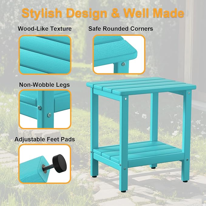 Outdoor Side Table, Small Square Patio Side Table with Adjustable Feet, All-Weather HDPE Adirondack End Tables for Porch Deck Balcony Pool, 2-Tier Storage, Easy Maintenance, Aruba Blue