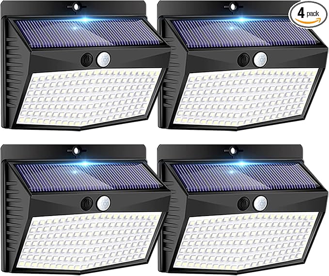 Solar Outdoor Lights, [138 LED/4 Packs] Solar Motion Sensor Security Lights with 3 Lighting Modes Solar Wall Lights Waterproof Solar Powered Lights for Garden Fence Yard Deck Garage | Cool White, Waterproof, LED, Solar Powered, Security, Outside, Wall,...