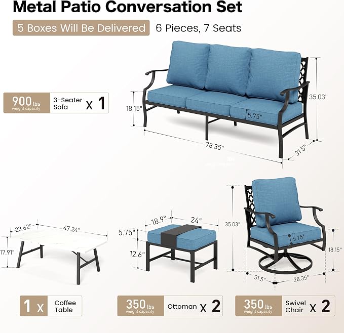 SUNSHINE VALLEY 6 Piece Metal Outdoor Patio Furniture Set, Patio Conversation Sets 1 3-seater Sofa, 2 Swivel Chair, 2 Ottomans with 5.75" Thick Cushion and Coffee Table, Black Backyard Furniture, Navy