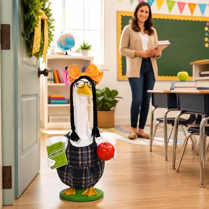 JcHrmers Teacher Porch Goose Outfits Back to School Goose Outfits Lawn Goose Clothes Fits 23" Cement Plastic Goose Statue for School Classroom Outdoor Garden Yard Patio Decor