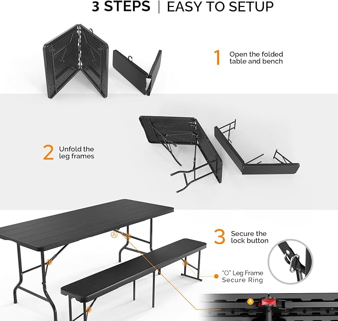 Bonnlo Black Folding Picnic Table Set with 2 Benches, 6 Feet Camping Table Chair Set, Modern Portable 3-Piece Furniture for Indoor/Outdoor Use, White Folding Picnic Table with Smooth Tabletop