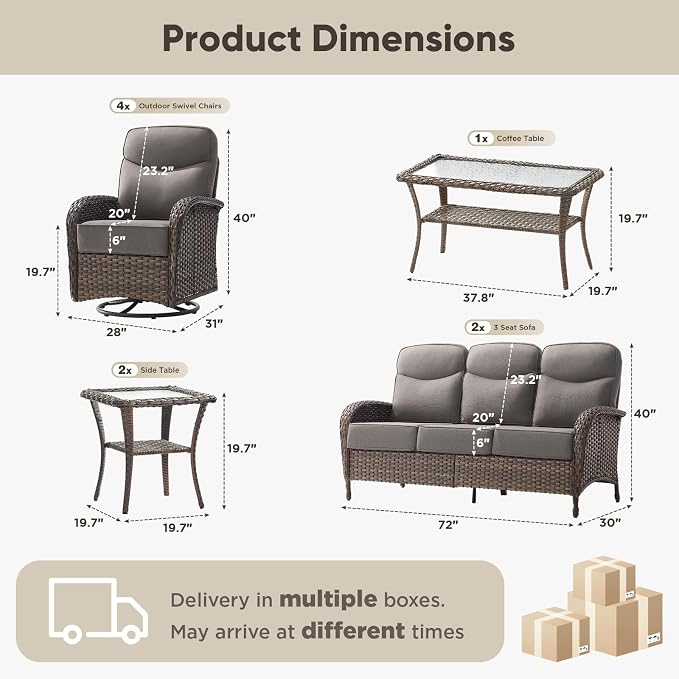 HUMMUH 9-Piece Patio Furniture Set with Upgraded 6" Thick Cushion - High Back Outdoor Swivel Rocker Chairs with 3-Seater Sofa Set of 2,Wicker Outdoor Conversation Set for Deck, Porch, Yard, Poolside