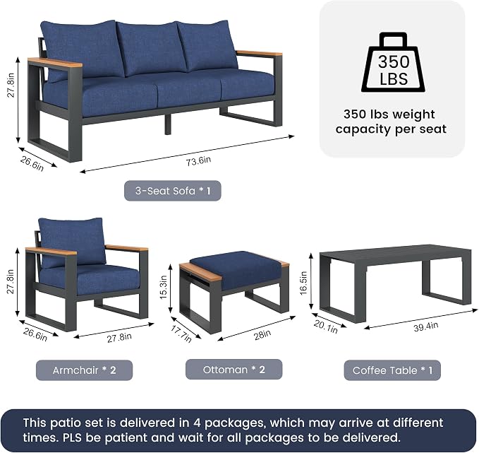 Sundale Outdoor Aluminum Patio Furniture Set, 6 Piece Outdoor Conversation Sets with Coffee Table and 6" Thick Olefin Cushions, All Weather Outdoor Sectional Set for Deck, Lawn, Yard