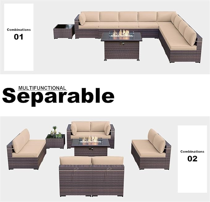 Kullavik 10 Pieces Outdoor Patio Furniture Set with 43" Gas Propane Fire Pit Table PE Wicker Rattan Sectional Sofa Patio Conversation Sets,Sand