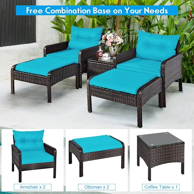 COSTWAY 5 PCS Patio Rattan Furniture Set, Outdoor Cushioned Sofa with Ottomans and Coffee Table, Wicker Conversation Set for Backyard Porch Lawn Poolsid, Turquoise