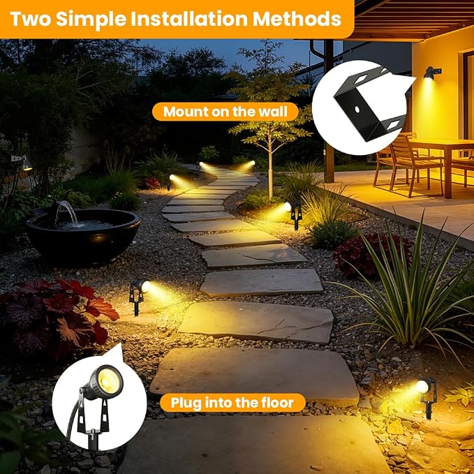 FOOMAN 6-Pack Spot Lights Outdoor, Low Voltage Landscape Lighting | LED Pathway Lights with Transformer, IP68 Waterproof Warm White Spotlight for Yard Garden Flags House Lawn Tree