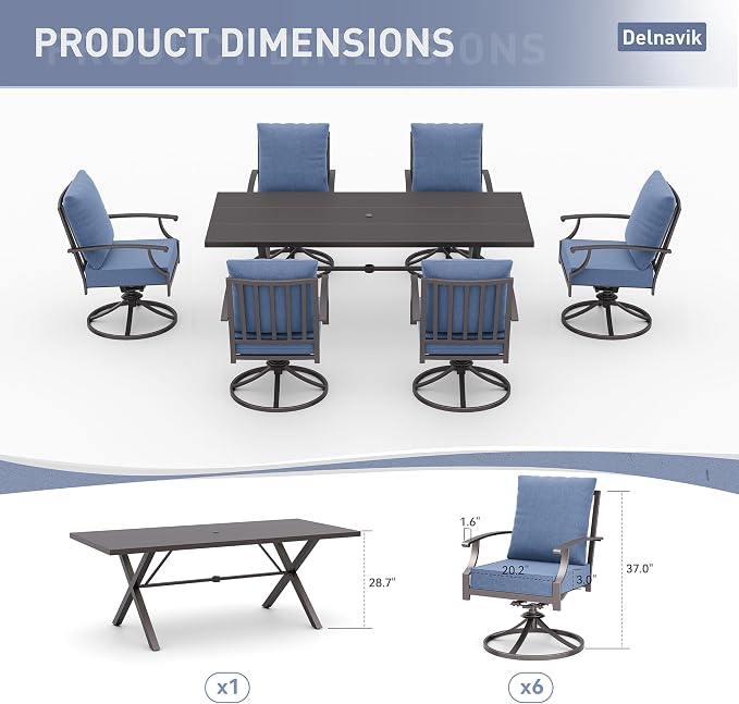 Kurapika 7 Pieces Patio Dining Set Outdoor Furniture with 6 Swivel Chairs, Metal Patio Furniture Set 6 Chairs and Large Table with Umbrella Cutout for Yard Porch Deck, Navy Blue
