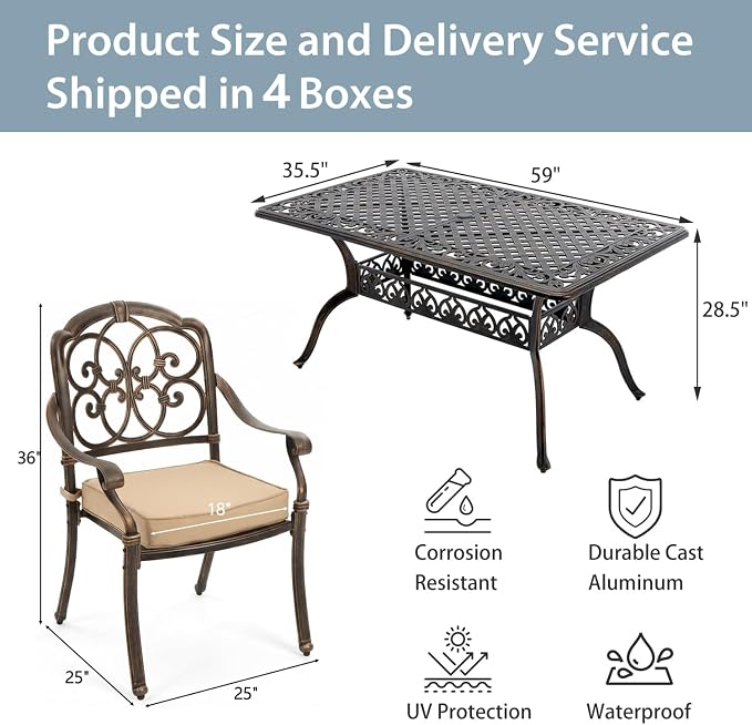7-Pcs Cast Aluminum Patio Dining Set,59" Rectangular Table,Bronze | Outdoor Furniture Set Include Dining Table and 6 Stackable Chairs with Cushions & Umbrella Hole