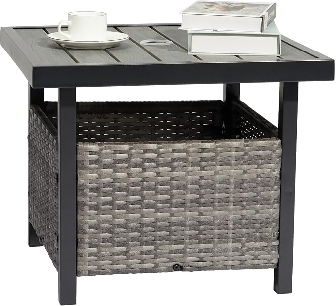 Outdoor Patio Umbrella Stand Table, All Weather Small Wicker Side Table with Umbrella Hole, 22 in Rattan Base Table (Grey)