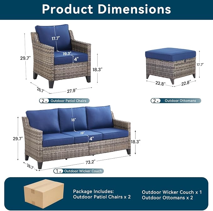5 Pieces Wicker Patio Furniture Set-High Back Outdoor Wicker Couch Patio Chairs Set of 2 with Comfy Cushions Ottomans Patio Furniture Set for Backyard Porch Garden Deck Grey/Blue
