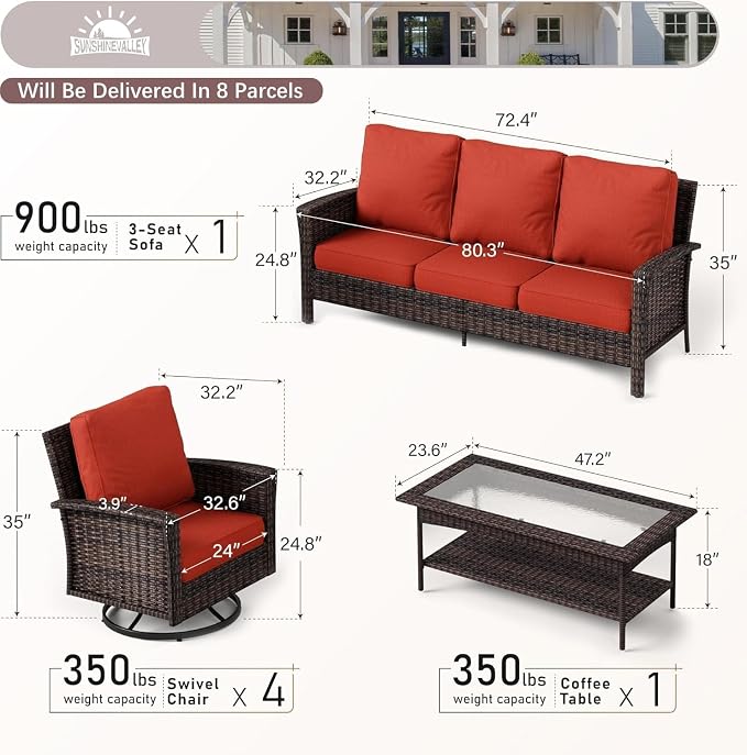 SUNSHINE VALLEY Patio Furniture Set with Swivel Chairs, High Back Wicker Rattan Furniture with Extra Thick Cushion and Coffee Table, Outdoor Conversation Set for Garden Backyard Deck,7 Seats Red