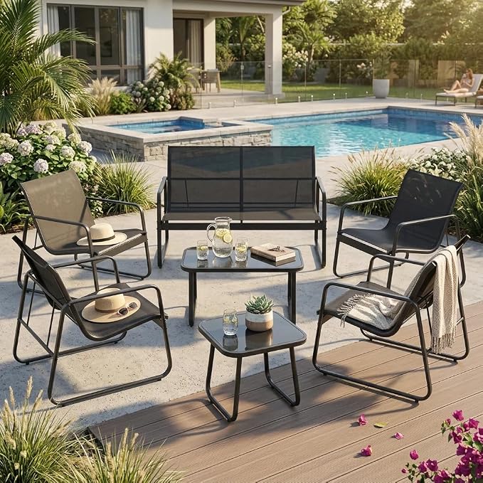 Gizoon 7 PCS Patio Furniture Set, Outdoor Conversation Set, Include Loveseat, 4 Single Chairs & 2 Coffee Tables, Comfortable and Breathable Teslin Fabric, for Lawn, Garden, Balcony, Poolside, Black