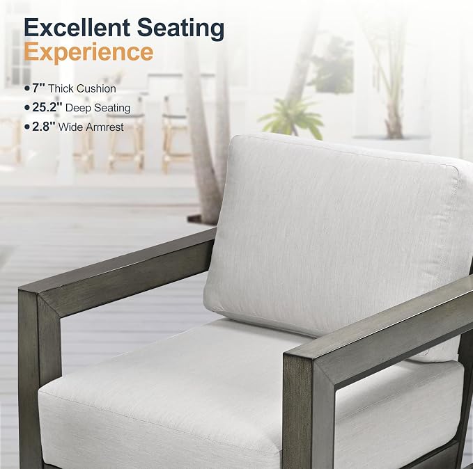 HAPPATIO Extra Large Size Patio Sofa Chairs Set of 2, Aluminum Modern Patio Armchairs with Thicken Cushions and Widen Armrest, All-Weather Powder-Coated Frame for Porch, Balcony, Garden (Grey)