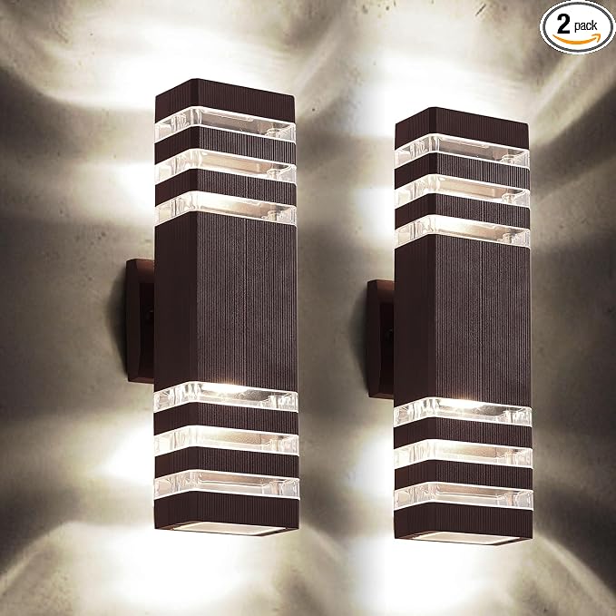 2 Pack Outdoor Wall Lights, Modern Exterior Light Fixture Wall Mount Brown Outdoor Lights for House, Waterproof Aluminum Up and Down Porch Lights Wall Sconces for Garage Patio, 3-Layer