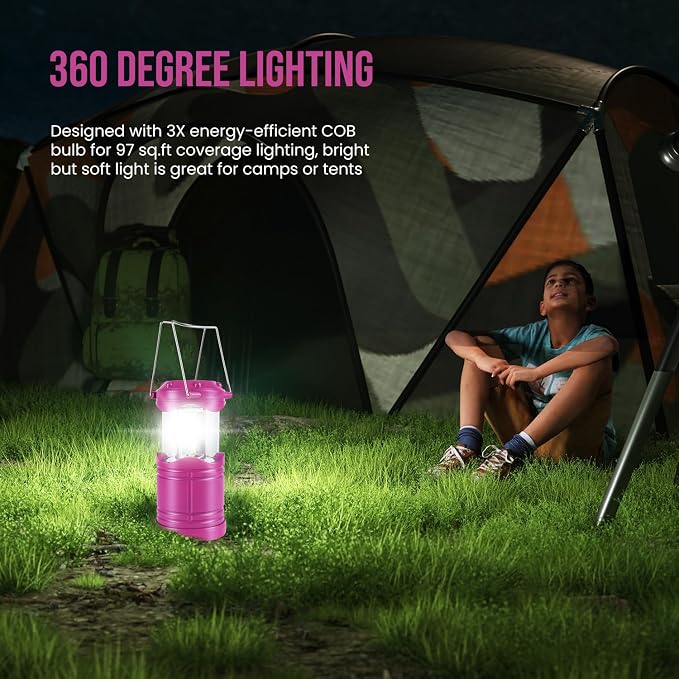 Lichamp LED Camping Lantern, 4 Pack Battery Powered Flashlight for Power Outages, Portable Collapsible Hanging Light Essential for Home, Outdoor, Emergency Lamp Survival Kit Gear for Hurricane, Pink