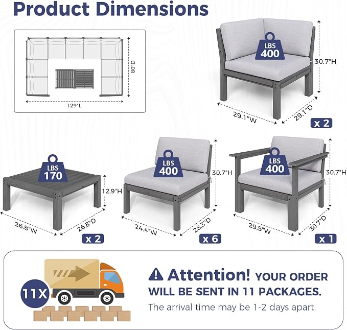 Modular Outdoor Patio Conversation Set, 11-Piece U-Shaped Sectional Sofa Set with Coffee Tables & Thick Cushions, Easy Side Interlock, HIPS All-Weather Patio Furniture Set for Backyard, Deck, Poolside
