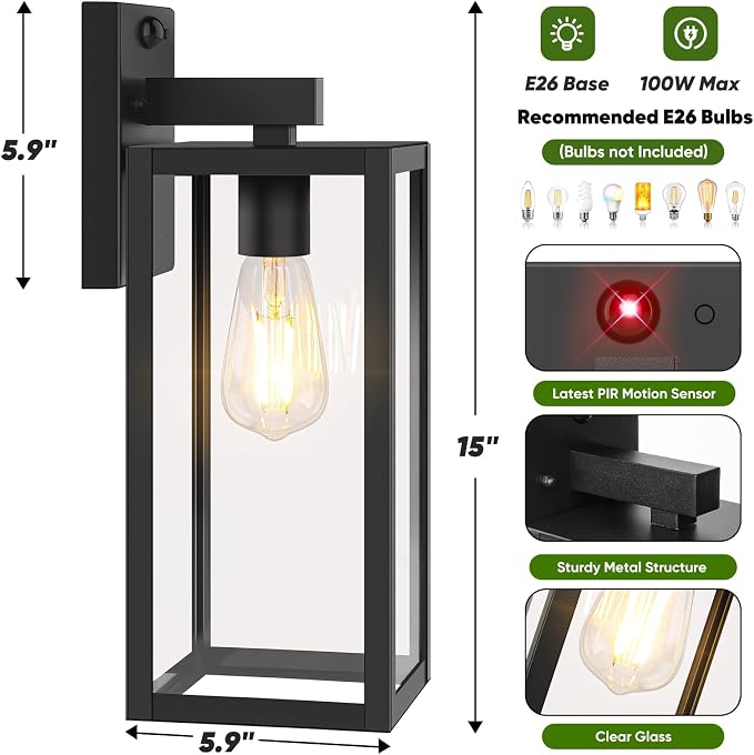 15" Large Upgraded Motion Sensor Outdoor Wall Light Fixture, Black | Auto ON/OFF, 3 Lighting Modes, Waterproof, Rust-Resistant, Durable Metal & Clear Glass, Standard E26 Sockets, Easy to Install
