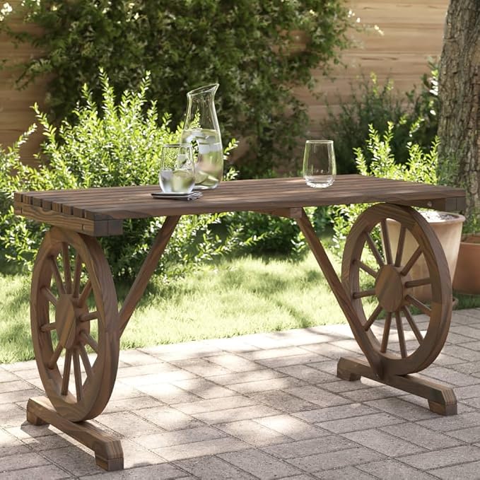 Wooden Patio Table with a Wagon Wheel Design, Wooden Garden Table for Patio, Backyard, 45.3"x21.7"x25.6" Solid Wood Fir,-312