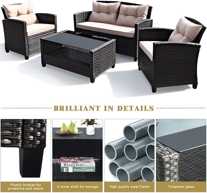 DORTALA 4 Piece Wicker Patio Furniture Set, PE Rattan Outdoor Conversation Sets with Loveseat, Chairs & Coffee Table for Backyard, Porch, Garden and Poolside, Brown