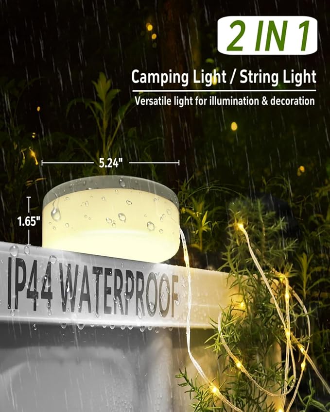 Solar Camping String Lights, 39.4 FT Fairy String Light, 4 in 1 Portable Waterproof Camp LED Lamp with 8 Lighting Modes, Hanging Rechargeable Tent Lantern for Outdoor Garden Patio Party Essentials