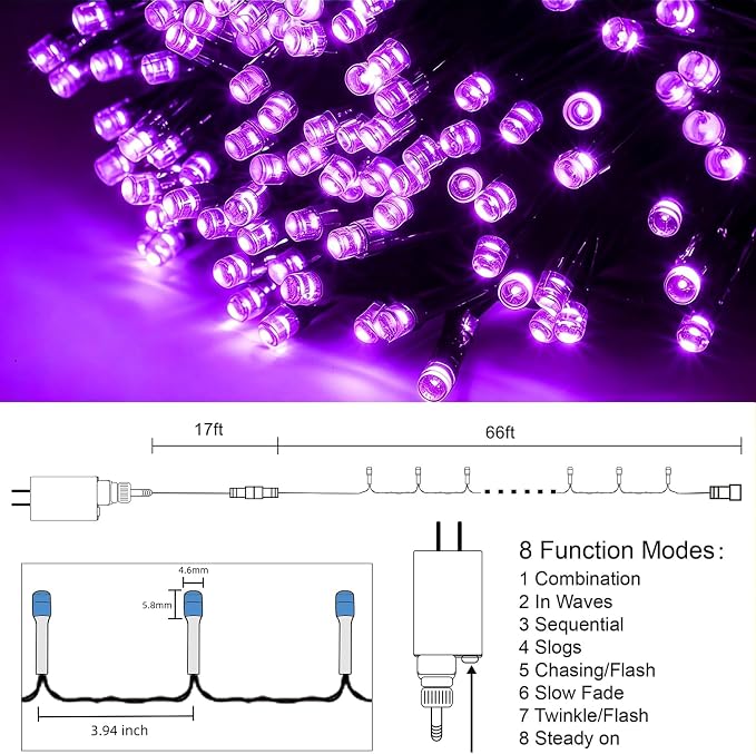 HOME LIGHTING 66ft Halloween Decorative Mini Lights, 200 LED Green Wire Fairy Starry String Lights Plug in, 8 Lighting Modes, for Indoor Outdoor Xmas Tree Wedding Party Decoration (Purple)
