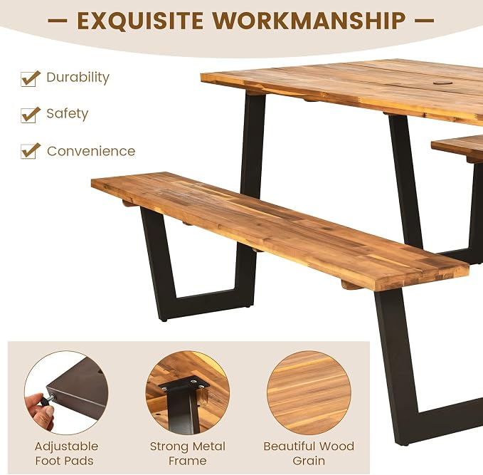 COSTWAY Acacia Wood Picnic Table, 70” Tabletop with Umbrella Hole, Patented Design, Strong Metal Frame, 6 Person Outdoor Picnic Table Bench Set for Patio, BBQ, Dining