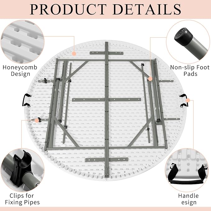 6 FT Round Folding Tables with Carrying Handle 72 inch Heavy Duty Portable Plastic Commercial Table Steel Legs for Party, Dining, Wedding, Events, Picnic Indoor, Outdoor (White,1 Pack)