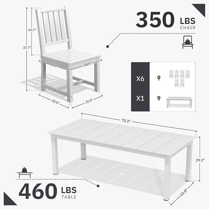 AreShark 7-Piece Outdoor Dining Set,HDPE Patio Table with 6 Armless Chairs,All-Weather Patio Furniture Set with Umbrella Hole,Low Maintenance Wood Grain Dining Set for Backyard,Garden,Poolside,Black