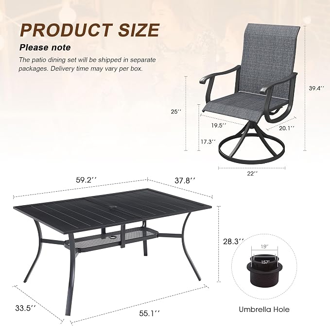 VICLLAX 7 Pieces Patio Outdoor Dining Set, 59" Metal Dining Table with Umbrella Hole and 6 Swivel Textilene Chairs for Lawn,Garden,Porch,Black/Dark Grey