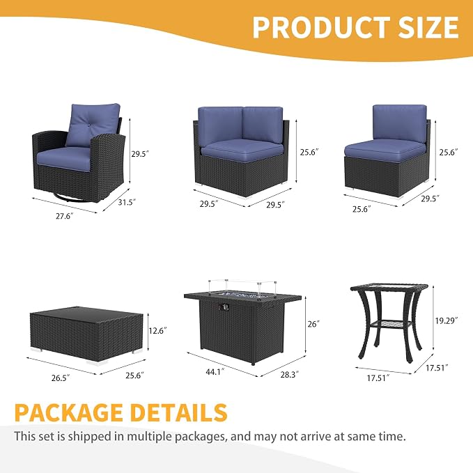 LayinSun 15 Pieces Patio Furniture Set with Fire Pit Table, Black Rattan Modular Sectional Outdoor Conversation Sofa Set, Swivel Rocking Chairs Set