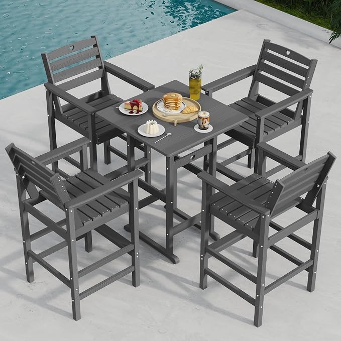 Patio Bar Table,Adirondack Chairs and Table 5 Pieces Set, Bar Height Chairs Set of 4 and Bar Table, Outdoor Bar Stools Set,Weather-Resistant Outdoor Furniture for Deck, Balcony, Poolside Easy Assembly