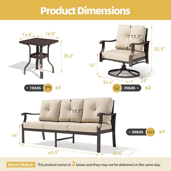 4 Piece Patio Furniture Set, Metal Outdoor Conversation Set w/3-Seat Sofa, 2 Rocking Swivel Chairs, Side Table, Patio Bistro Set w/5" Thickened Cushions for Porch Yard Poolside, Beige
