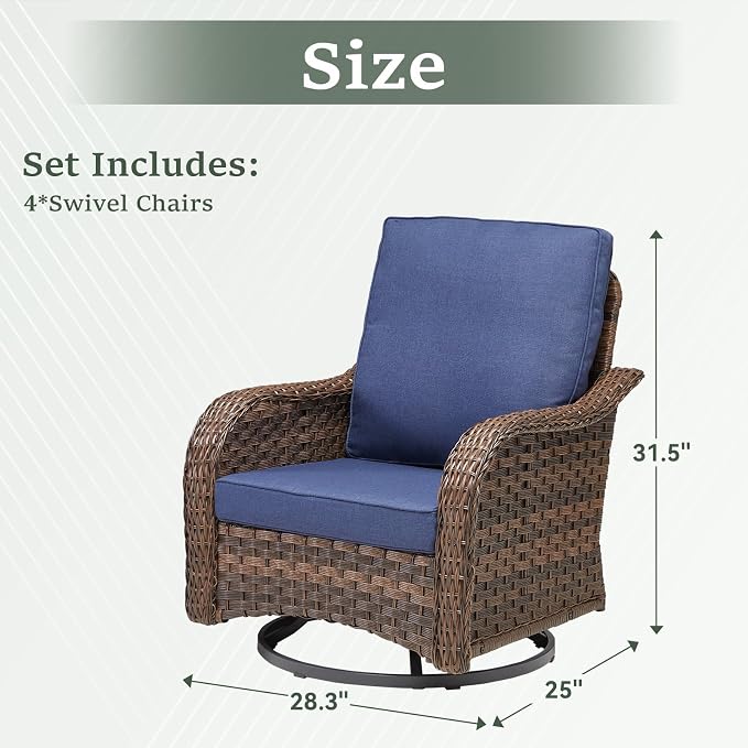4 PCS Patio Swivel Rocking Chairs Set, Outdoor Wicker Furniture with 4-Inch Thick Olefin Cushions, 300 lbs Capacity Swivel Rocker Chairs with Curved Armrests for Garden, Porch, Backyard, Blue
