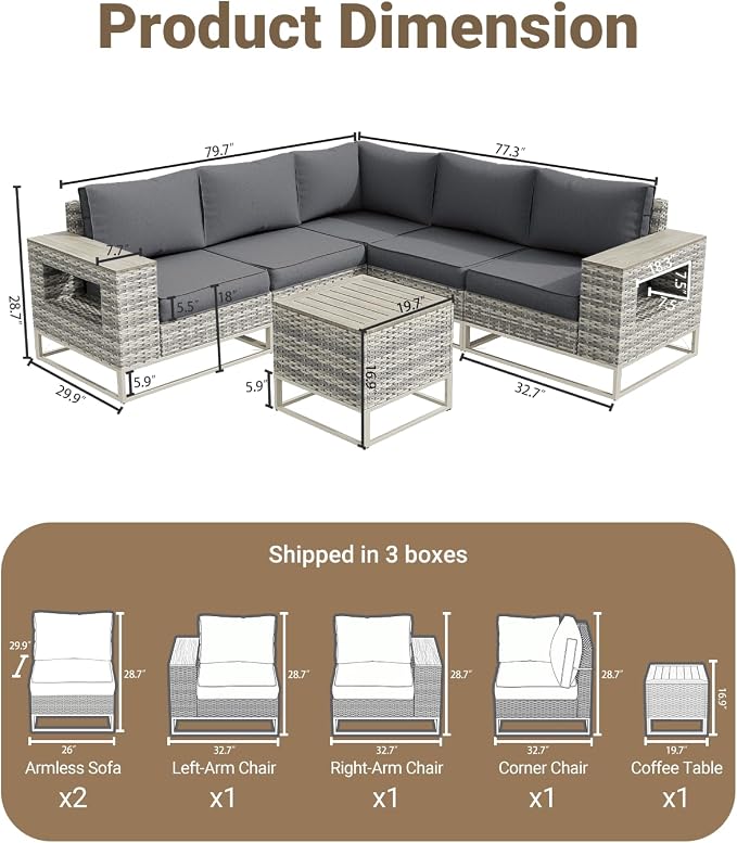 Outdoor Patio Furniture Set 6-Piece PE Rattan Wicker Outdoor Sectional Sofa with Thickened Cushions and Chunky Arms, Modern Modular L-Shaped Conversation Set for Garden, Backyard, Slate Grey