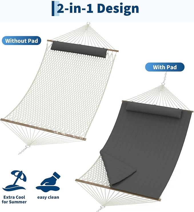 Garvee Double Quilted Hammock – 450 lbs, Hardwood Bars, Pillow Included | Soft yet durable quilted fabric – resists wear and retains shape.