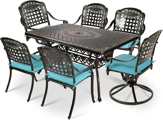 VIVIJASON 7-Piece Patio Furniture Dining Set, Outdoor Cast Aluminum Conversation Set, Include 4 Stationary Chairs, 2 Swivel Dining Chairs and a Rectangle Table with Umbrella Hole, Ocean Blue Cushion