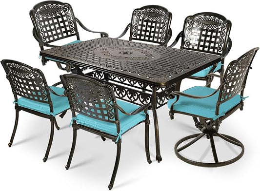 VIVIJASON 7-Piece Patio Furniture Dining Set, Outdoor Cast Aluminum Conversation Set, Include 4 Stationary Chairs, 2 Swivel Dining Chairs and a Rectangle Table with Umbrella Hole, Ocean Blue Cushion