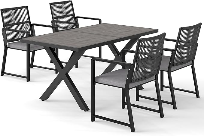 5 Pieces Outdoor Dinning Set Featuring 1 Aluminum Table and 4 Iron Alloy Ratten Chairs Waterproof and Rust-Proof Courtyard Style Table Garden Balcony Poolside, Black 5 Pcs