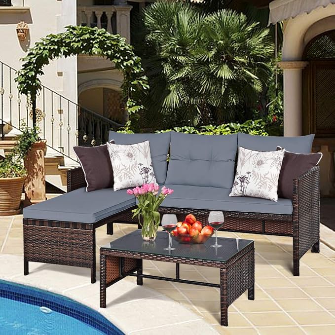 HAPPYGRILL 3 PCS Patio Conversation Set Sectional Rattan Wicker Sofa Set with Steel Frame & Seat Cushion, Outdoor Table & Sofa Furniture Set for Garden Lawn Pool Backyard