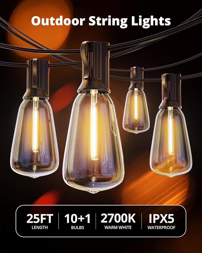 VIPAR Outdoor String Lights,25FT LED Patio Lights Waterproof 11 ST38 Bulbs | Shatterproof,Edison Outside Lights,Plug-In,2700K Dimmable, Connectable, Hanging Light for Porch Garden Backyard Deck Balcony
