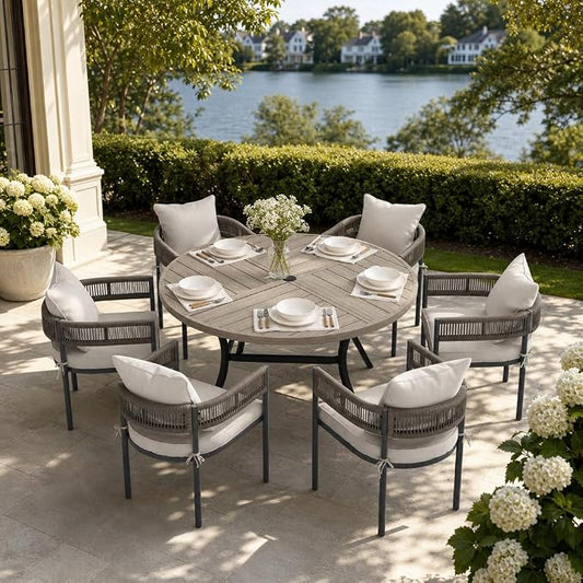 VICLLAX Patio Dining Set, 53.1" Grey Table & 6 Chairs with Wheat Cushion | Outdoor Table and Chairs Set of Round Metal Patio Table, Outdoor Dining Chairs with Metal Frame, Garden Deck Porch