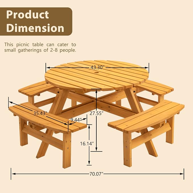 JOYBASE 8-Person Wooden Picnic Table, Outdoor Round Table with Built-in Benches and Umbrella Hole, Picnic Table Bench Set for Patio, Backyard, Garden (Wood Color)
