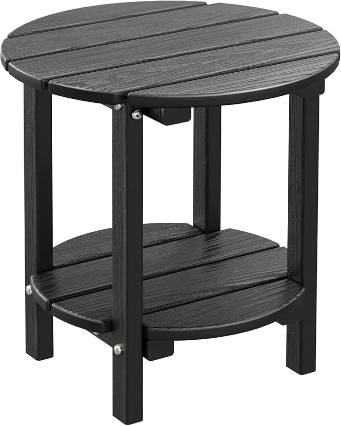 2 Tier Round Outdoor Side Table with Wood-Like Grain, HDPE Adirondack Table Patio Side Table, Weather Resistant End Table for Pool, Patio & Porch, Small Outdoor Table(Black, Round)